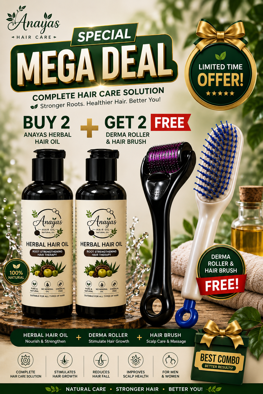 Anaya's Herbal Hair Oil Mega Deal – Buy 2 + Get Derma Roller & Hair Brush FREE