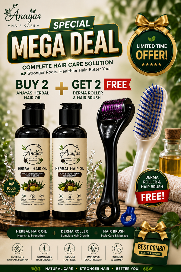 Anaya's Herbal Hair Oil Mega Deal – Buy 2 + Get Derma Roller & Hair Brush FREE