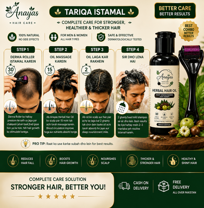 Anaya's Herbal Hair Oil Mega Deal – Buy 2 + Get Derma Roller & Hair Brush FREE