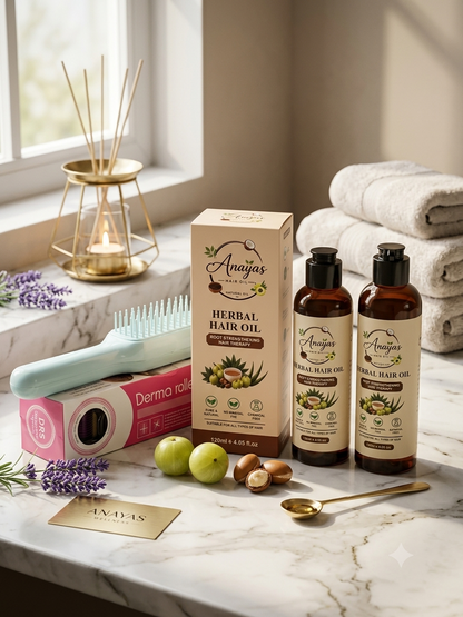 Anaya's Herbal Hair Oil Mega Deal – Buy 2 + Get Derma Roller & Hair Brush FREE